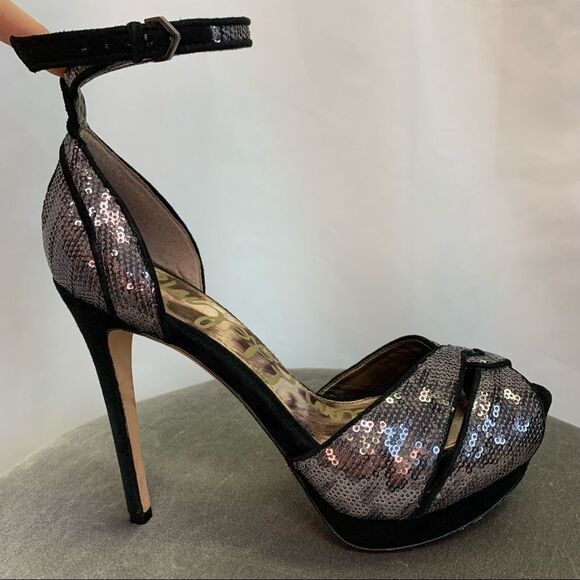 SAM Edelman PAISLEY Sequin Ankle Strap Platform Gray silver Size 8 - Picture 4 of 14